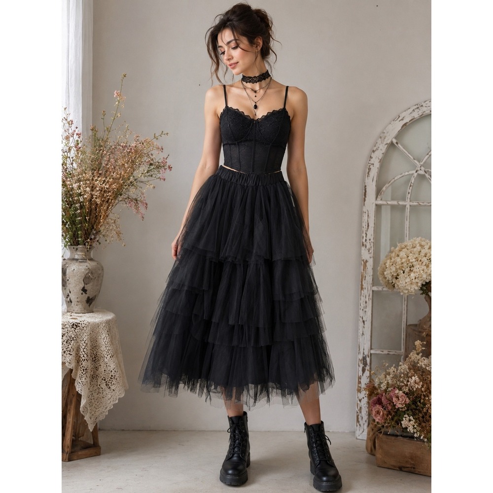 Chicwish Black Tiered Tulle Ruffle Midi Skirt M/L Whimsigoth Fairycore Goth